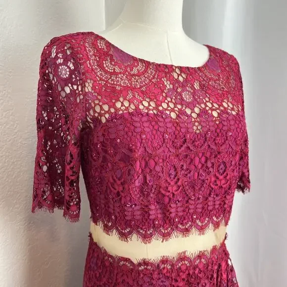 Marchesa Notte Dress Womens 6 Magenta Lace Midriff Cocktail Wedding Guest Glam
